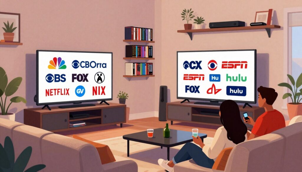 A vibrant, dynamic illustration showcasing a montage of popular US TV channels, including logos from major networks like NBC, CBS, Fox, and ESPN, as well as on-demand streaming services like Netflix and Hulu. In the foreground, depict a stylish living room setting with a large flat-screen TV displaying the rotating logos of these channels. The middle section features a cozy couch with a couple of friends casually enjoying a game on the TV, all dressed in casual attire. The background includes shelves with DVD collections and streaming devices, adding layers of authenticity. Soft, warm lighting creates an inviting atmosphere, while a wide-angle perspective captures the scene, emphasizing the variety of content available for US viewers. The overall mood is lively and engaging, reflecting the diverse entertainment landscape.