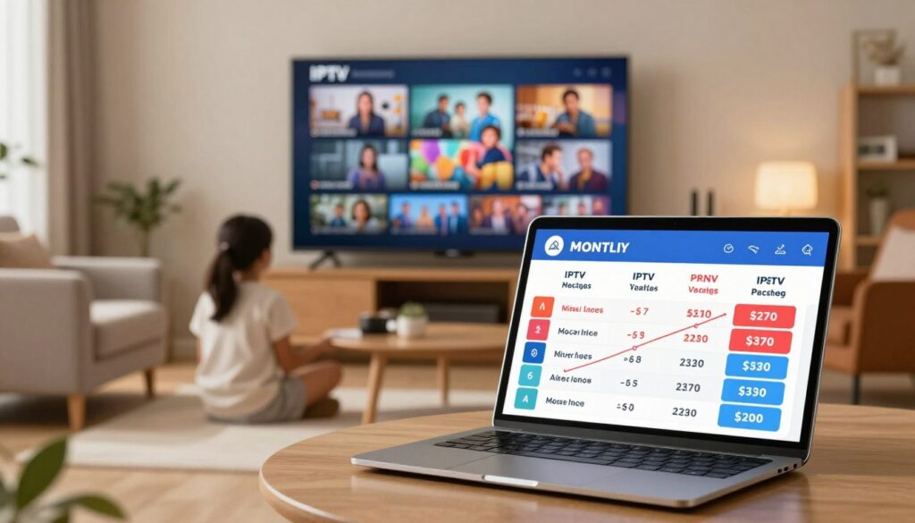 A visually appealing infographic-style image illustrating IPTV yearly subscription prices and annual billing plans. In the foreground, showcase a sleek, modern tablet or laptop displaying a beautifully designed chart with monthly and annual pricing tiers, featuring bold colors and clear icons for different packages. The middle section reveals a vibrant, inviting living room with comfortable furniture, emphasizing a family enjoying IPTV content on a large screen. In the background, soft, warm lighting creates a cozy atmosphere with subtle hints of technology, like Wi-Fi routers or cable connections. Use a wide-angle lens perspective to capture the entire scene, giving a sense of modernity and ease associated with IPTV subscriptions. The mood should be inviting and informative, appealing to potential subscribers without any text or distractions.