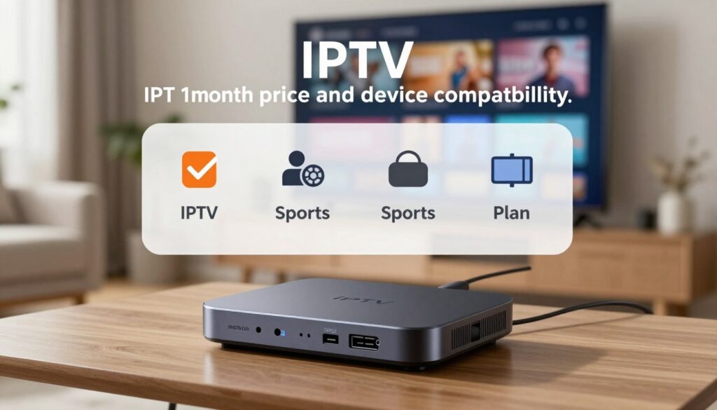 A visually appealing layout illustrating the concept of "IPTV 1 month price and device compatibility." In the foreground, display a sleek, modern IPTV device, like a set-top box or streaming stick, showcasing its ports and connectivity options. The middle ground features an infographic highlighting different IPTV subscription plans, including icons of popular content providers like movies, sports, and television shows. In the background, use a blurred living room setting with a large flat-screen TV displaying streaming content, emphasizing a cozy, tech-friendly atmosphere. Soft, natural lighting illuminates the scene, creating a welcoming ambiance, while the angle is slightly above eye level, encouraging viewers to engage with the visual elements.