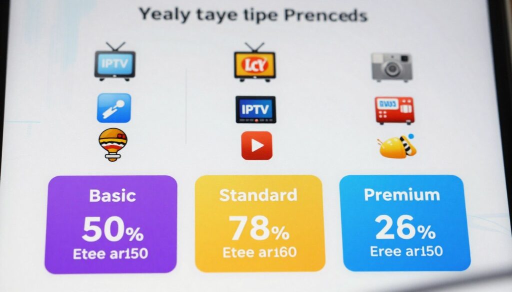 A visually engaging infographic illustrating the yearly subscription price and channel package tiers for IPTV in the United States. In the foreground, display three distinct tiers: Basic, Standard, and Premium, each represented with vibrant icons and colors, clearly labeled with estimated price ranges. The middle section should showcase a graphical representation of popular channels included in each tier, using symbols or small images like a TV, sports, news, and movies. In the background, create a subtle pattern of abstract lines or tech-inspired designs to evoke a modern, digital feel. Use soft, even lighting to enhance clarity, with a focus on a slight dynamic angle to create depth. The overall mood should be professional yet approachable, perfect for informative reading. No text or watermarks should be included.