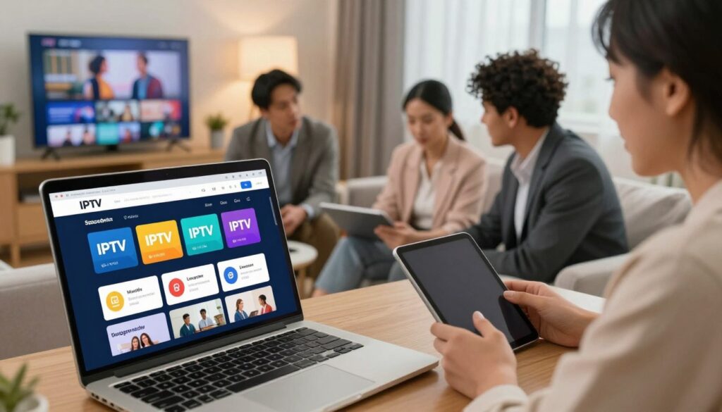A visually engaging representation of IPTV subscription deals, featuring a split scene. In the foreground, a sleek laptop displaying a vibrant interface showcasing various IPTV subscription plans, with highlighted monthly and longer-term options. In the middle ground, a group of diverse professionals, dressed in smart business attire, engaged in discussion while examining a digital tablet. The background features a modern living room setting with a smart TV streaming content, surrounded by comfortable furniture and warm lighting, creating an inviting atmosphere. The image should use soft, natural lighting to enhance the professional yet casual mood, captured from a slightly elevated angle for depth.