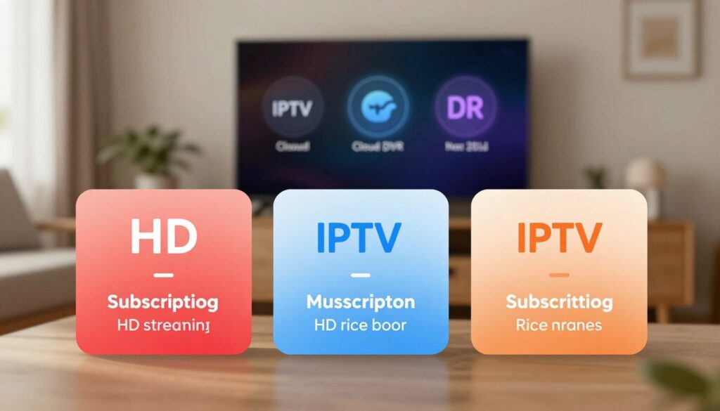 A visually engaging representation of subscription pricing tiers for IPTV services, focusing on a modern, sleek design. In the foreground, three distinct pricing tiers are displayed on elegant cards; each tier has a different color scheme and iconography to highlight features like HD streaming, multiple device support, and premium channels. The middle section features icons representing popular IPTV features, such as cloud DVR and user-friendly interfaces. The background is a softly blurred image of a cozy living room setting with a television, creating a warm and inviting atmosphere. The lighting is soft and natural, reminiscent of an afternoon glow, with a slight bokeh effect. The composition should evoke a sense of value and decision-making for potential subscribers.