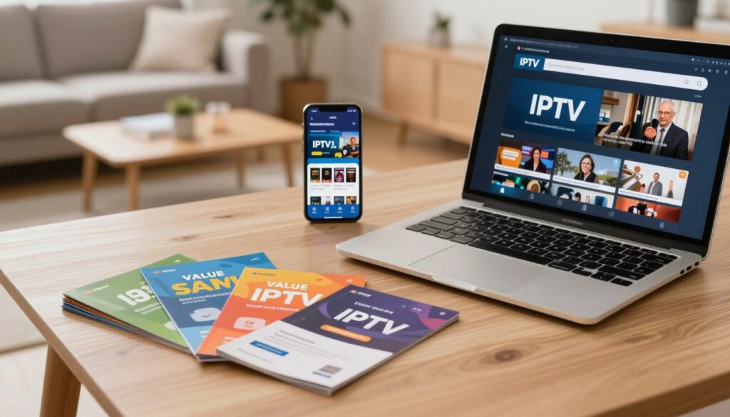 A well-organized workspace with a sleek laptop displaying an IPTV interface, representing affordable subscription options. In the foreground, a stack of colorful brochures or flyers showcasing different IPTV plans, emphasizing value and savings. The middle ground features a smartphone with a visuals of IPTV channels, symbolizing connectivity. The background reveals a cozy home setting, with a comfortable couch and a coffee table, reflecting a relaxed viewing atmosphere. Soft, warm lighting creates an inviting mood, with a slight focus blur on the background to draw attention to the foreground elements. The camera angle is slightly elevated, offering a comprehensive view of the entire setup, showcasing the concept of affordable IPTV subscriptions for everyday viewers.
