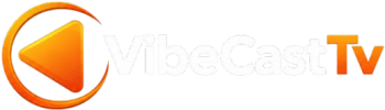 VibeCastTV logo featuring an orange play button inside a circular ring, with the text "VibeCast" in white and "TV" in orange on a black background.